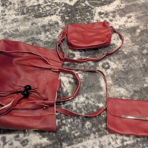 Faux Leather Red Women's Bag Set